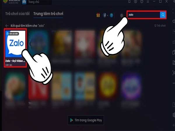 Tìm kiếm ứng dụng Zalo trong khung tìm kiếm của BlueStacks