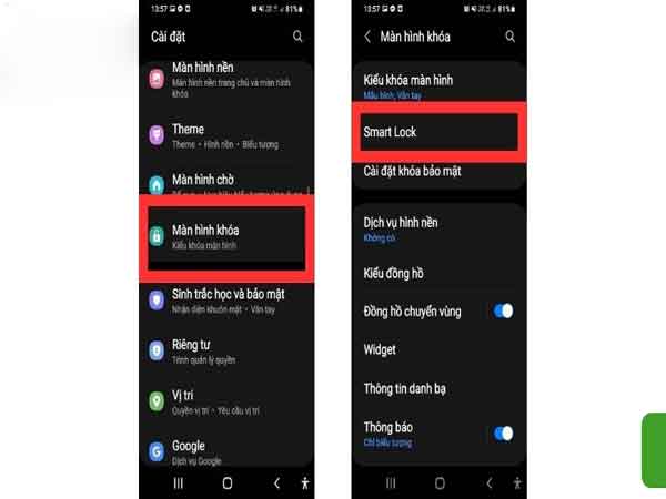 chọn Màn hình khóa, và mở tính năng Smart Lock