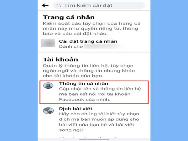 chọn "Thông tin cá nhân" như hình bên dưới