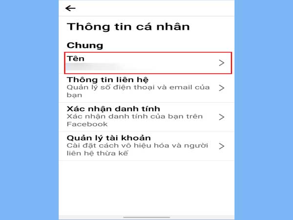 nhấp vào "Tên" để đổi tên trên Facebook