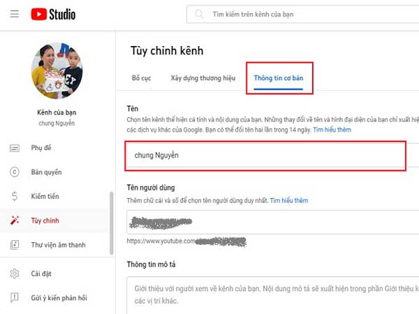 Để thay đổi tên kênh Youtube, chọn mục "Thông tin cơ bản"